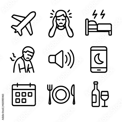 Insomnia Triggers Icons. Outline icon set of insomnia triggers: jet lag, shift work, anxiety, pain, noise pollution, technology