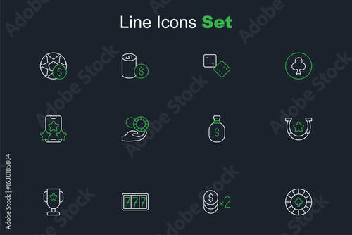 Set line Casino chips, with dollar, Slot machine jackpot, poker trophy cup, Horseshoe, Money bag, Hand holding casino and Online sports betting icon. Vector