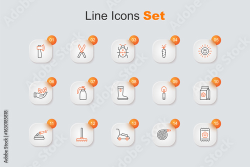 Set line Pack full of seeds, Garden hose, Lawn mower, rake, trowel spade or shovel and Waterproof rubber boot icon. Vector