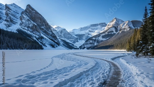 Panoramic alpine winter landscape with a high-altitude ski resort in the Austrian Alps under a blue sky