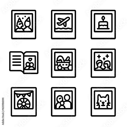Instax Icon Collection. Outline icon set of instax photography themes: party snapshot, travel memory, birthday celebration,