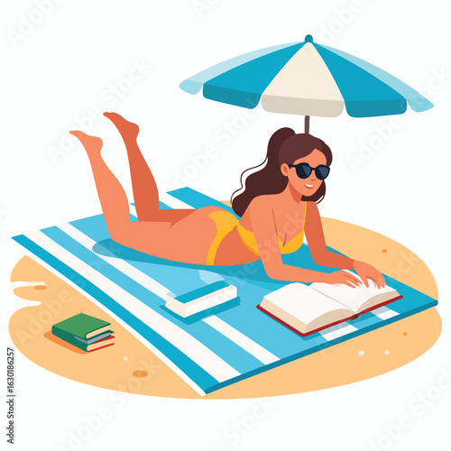 Woman relaxing on a beach towel, reading a book under an umbrella.