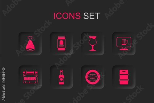 Set Beer bottle, can, Chicken leg, Sausage, Wooden beer mug, Metal keg, Glass of and Street signboard with icon. Vector