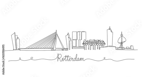 Rotterdam skyline continuous line drawing with Netherlands, and cityscape.