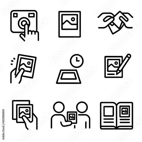 Instax Icon Set. Outline icon set of instax user interactions: press shutter, view print, peel film, shake photo, wait developing,