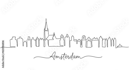 Amsterdam Skyline One Line Drawing with Minimalist City Outline.