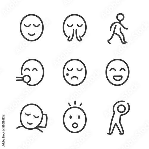 Instinctive Human Actions Icons. Outline icon set of instinctive human actions: blinking, breathing, walking, eating, crying,
