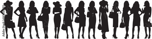 Silhouettes of Women in Fashionable Outfits and Hats, woman, silhouette, fashion, style, elegant, sophisticated, business, professional, lady, female, clothing, outfit, dress, skirt, hat, handbag, pur