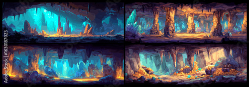 Cave game level location background. Cartoon cave with golden treasure, dragon lair vector landscape