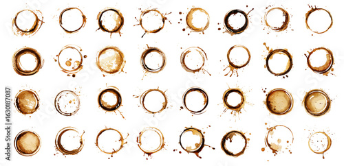 Round coffee stains. Liquid brown circle stamps of hot drink, cafe decor, coffee frames vector set
