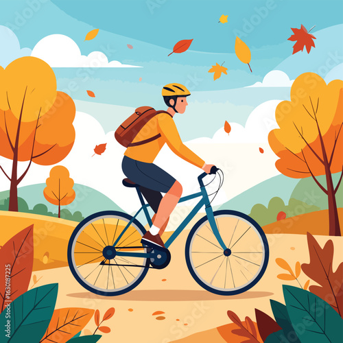 Man cycling through autumnal landscape, enjoying scenic fall bike ride.