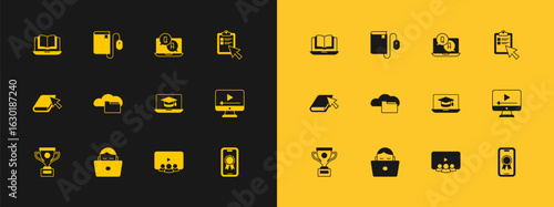 Set Online quiz, test, survey, Student working at laptop, Graduation cap on, class, Cloud online library, Question and Answer, and Electronic book with mouse icon. Vector