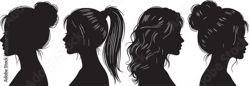 Silhouettes of Women's Hairstyles in Profile vector, women, silhouette, profile, hairstyle, hair, bun, ponytail, wavy hair, messy bun, elegant, beauty, fashion, female, portrait, head, face, graphic, 