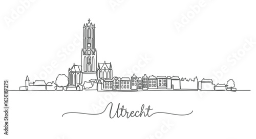 Utrecht Skyline One Line Art Illustration with Holland, and Cityscape.