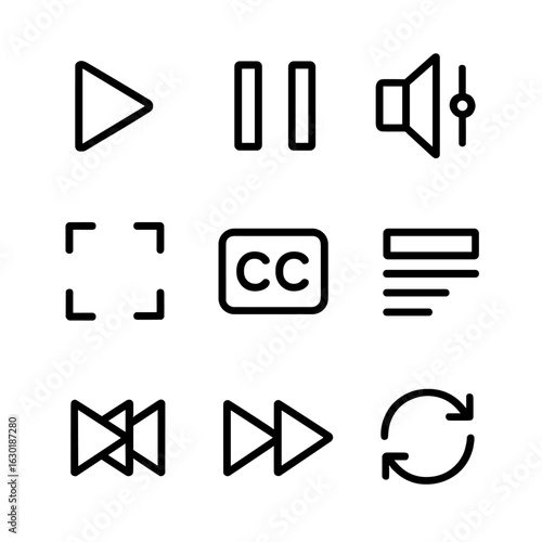 Interactive Multimedia Icons. Outline icon set of interactive multimedia controls: play button, pause button, volume slider,