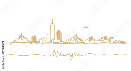 Nieuwegein City Skyline Illustration with Simple Gold Line Art.