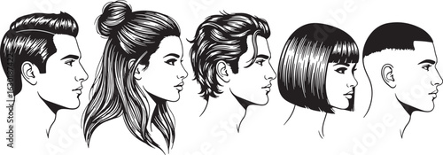 Stylized Male and Female Head Profiles with Diverse Hairstyles, male, female, head, profile, silhouette, hairstyle, hair, men, women, fashion, style, beauty, grooming, haircut, short hair, long hair, 