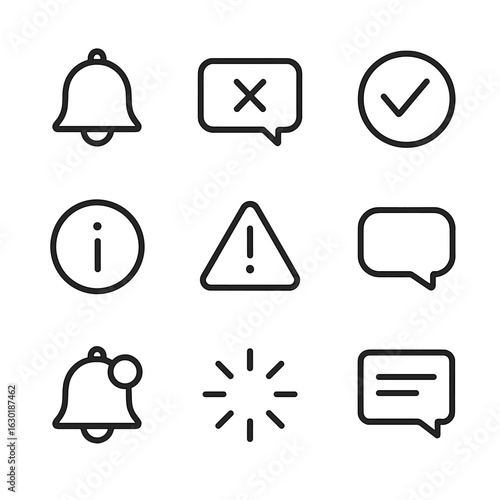 Interface Notification Icons. Outline icon set of interface notifications: alert bell, error message, success checkmark, info icon