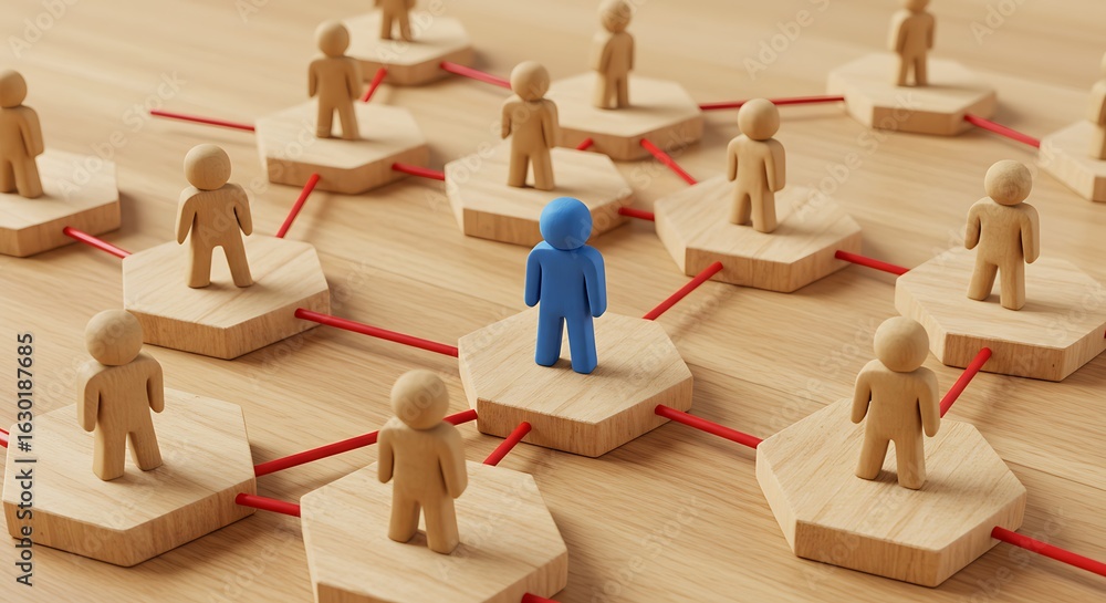 Obraz premium Wooden Figure Network Connection with Blue Leader on Wood Surface