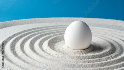 Isolated fresh white chicken egg in a bowl on the sand, casting a shadow