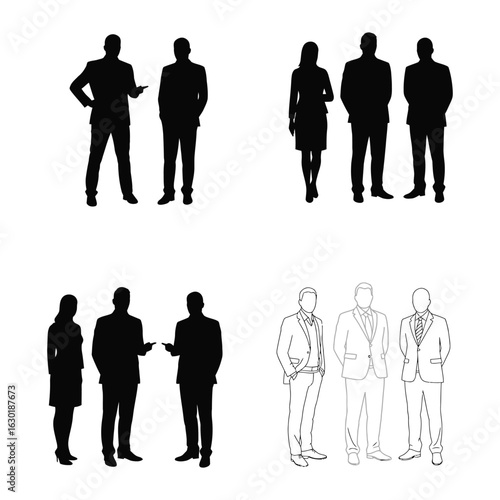 Silhouettes of Business Professionals in Various Poses and Clothing Styles . flat vector 