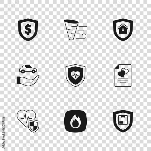 Set Fire flame, Marriage contract, Delivery security with shield, Life insurance, House, Shield dollar, Tornado and Car icon. Vector