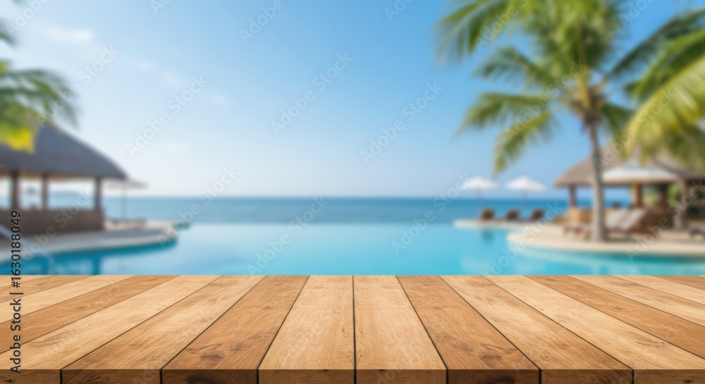 Fototapeta premium Blank wooden table against blur tropical resort background with pool and palm trees. Showcase for product display or advertisement on summer vacation theme for banner or poster with empty space.