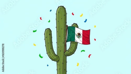 Festive illustration of a cactus holding the Mexican national flag, celebrating a holiday with colorful confetti