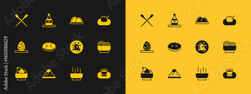 Set Mochi, Rice in a bowl, Kung Pao chicken, Ramen soup, Homemade pie, Sushi, Food chopsticks and Bottle of sake icon. Vector