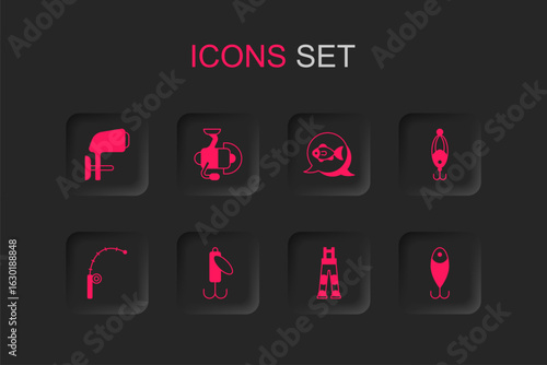 Set Fishing lure, Spinning reel for fishing, Outboard boat motor, Fisherman pants, and rod icon. Vector