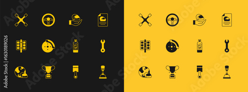 Set Racing helmet, Award cup, Nitrous oxide, Engine piston, Car brake disk with caliper, Wheel wrench and steering wheel icon. Vector