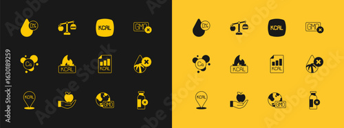 Set No GMO, Apple, Diet plan, Kcal, Water balance and Calorie calculator icon. Vector