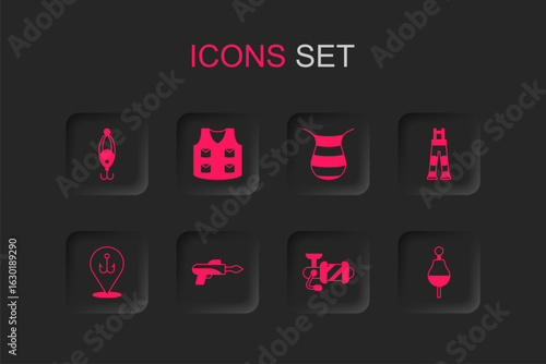 Set Fishing harpoon, jacket, lure, Spinning reel for fishing, Fisherman pants, float, net and hook icon. Vector