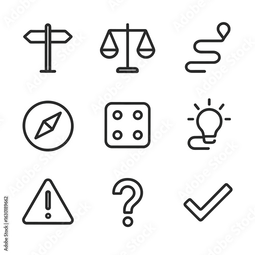 Intuitive Decision Icons. Outline icon set of intuitive decision making: crossroads, balance scale, roadmap, compass needle, dice,