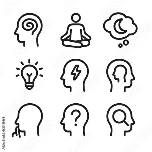 Intuitive Actions Icons. Outline icon set of intuitive actions: gut feeling, meditation, dream, insight, hunch, reflection,