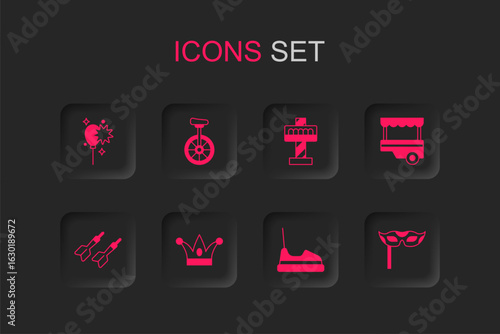 Set Jester hat with bells, Unicycle, Balloons ribbon, Bumper car, Fast street food cart, Festive mask, Attraction carousel and Dart arrow icon. Vector