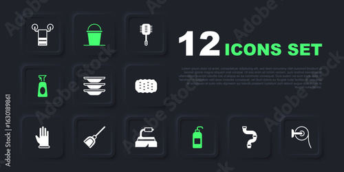 Set Industry metallic pipe, Toilet paper roll, Washing dishes, Antibacterial soap, Cleaning spray with detergent, Dustpan, Bucket and Brush for cleaning icon. Vector