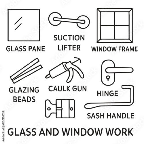 Glass and Window Work Icons Set – Caulk Gun, Suction Lifter, Glazing Tools and More glass tools, window installation, glazing tools, suction lifter, caulk gun, window frame, glass pane,