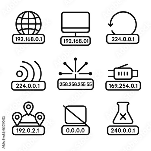 IP Address Icon Set. Outline icon set of IP address types: public IP, private IP, loopback address, multicast address, broadcast