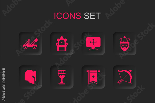Set Medieval goblet, throne, catapult, flag, King with crown, bow and arrow, Crusade and helmet icon. Vector