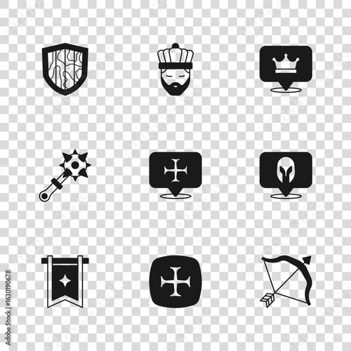 Set Crusade, Medieval helmet, bow and arrow, King crown, Shield, with and Mace spikes icon. Vector