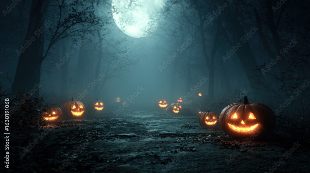 Naklejka premium Eerie halloween lanterns illuminate spooky forest path nighttime atmosphere mysterious setting haunting concept