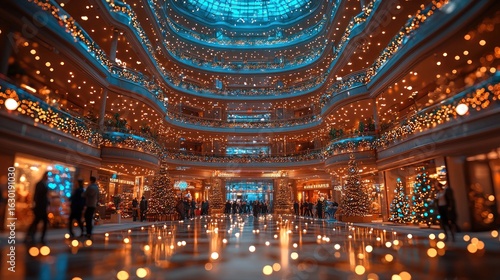 Ornate holiday shopping mall interior at night