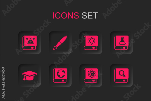 Set Earth globe and book, Fountain pen nib, Ancient magic, Book about physics, Chemistry, women, Jewish torah and Graduation cap icon. Vector