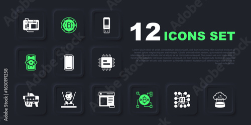 Set Neural network, Network cloud connection, Mobile phone, Blockchain technology Bitcoin, Computer vision, Hologram, Cryptocurrency and Browser window icon. Vector