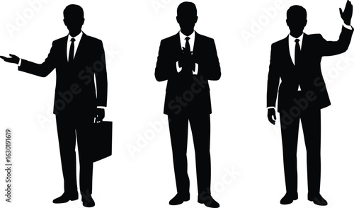  Silhouette of three business men in formal suit, standing with briefcase, clapping hands, and waving hand, isolated on white background, professional corporate.