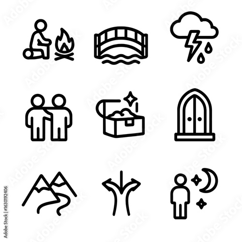 Journey Milestones Icons. Outline icon set of journey milestones: campfire rest, bridge crossing, storm encounter, ally joined,