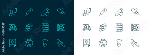 Set line Medical heart inspection, Tooth with caries, Pills blister pack, Ethnoscience, Smart watch, Test tube blood, Stethoscope and Syringe icon. Vector