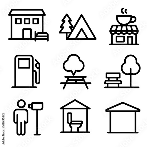 Journey Rest Stop Icons. Outline icon set of journey rest stops: motel, campsite, coffee shop, gas station, picnic area, park