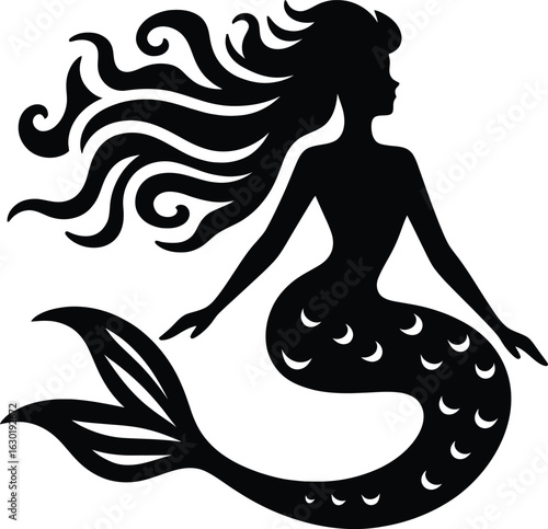 Elegant mermaid silhouette with long flowing hair, mythical fantasy sea creature